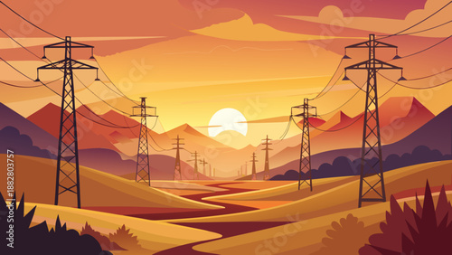 Sunset over electric towers Vector