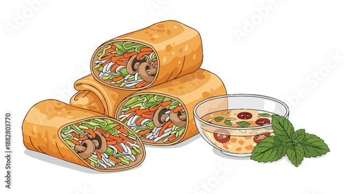 Artistic depiction of delectable vegetable spring rolls, filled with fresh ingredients, complemented by a zesty dipping sauce and aromatic mint,