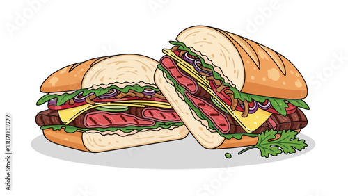 Illustrative depiction of two gourmet submarine sandwiches overflowing with grilled meat, fresh vegetables, and melted cheese on a crisp white