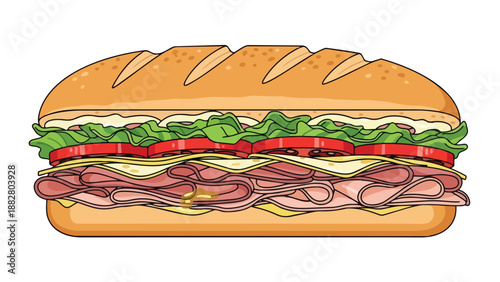 A vibrant illustration of a classic submarine sandwich bursting with layers of premium deli meats fresh cheese crisp lettuce and ripe tomatoes