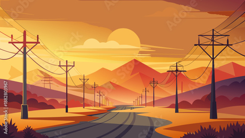 Sunset over mountain railway Vector