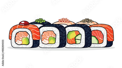 Assortment of vibrant Japanese sushi rolls, an exquisite illustration of fresh seafood and vegetable maki delicacies