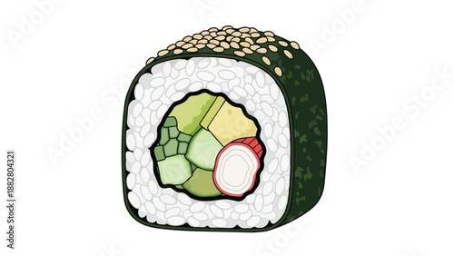 Stylized sushi roll with avocado cucumber and crab stick inside rice and nori seaweed topped with sesame seeds a fresh and appealing Asian cuisine