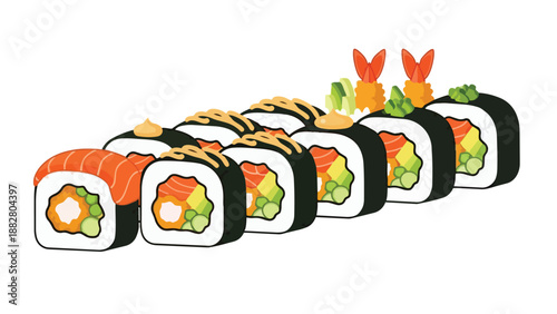 Stylized assortment of colorful sushi rolls with diverse fillings and toppings