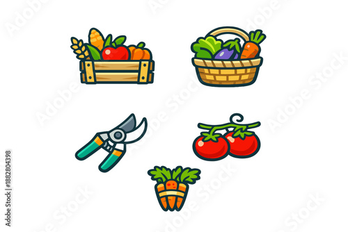 Farm fresh produce and gardening tools icons