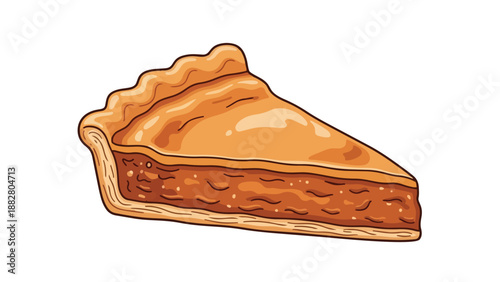 A delightful stylized illustration of a triangular sweet pie slice with a rich, textured brown filling and a beautifully baked golden crimped crust,