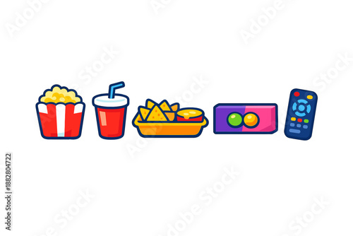 Movie night icons with popcorn, drink, nachos, and remote