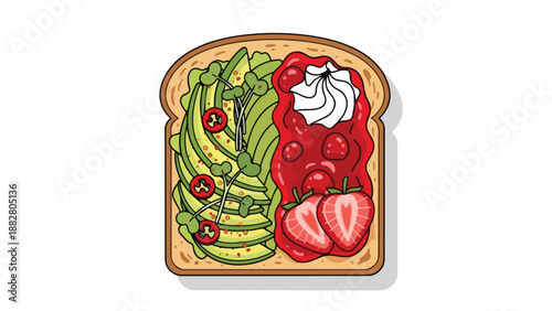 Delicious illustrated toast featuring healthy avocado slices paired with luscious strawberry jam and cream perfect for breakfast or brunch a