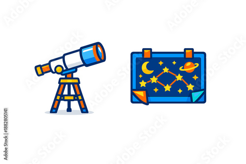 Astronomy icons: telescope and star map