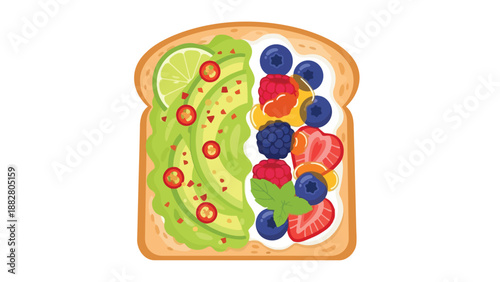 A colorful, healthy toast illustration. Features creamy avocado, lime, and chili flakes on one side. The other has vibrant mixed berries and fresh