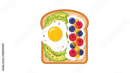 A vibrant and nutritious breakfast toast featuring avocado, egg, mixed berries, and a sweet honey drizzle.