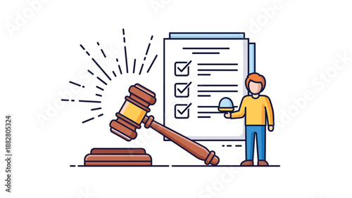 Large wooden judge gavel striking a sound block next to a legal checklist document and a person representing law and justice in a court system.