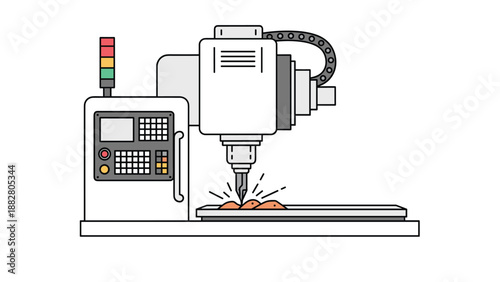Industrial automated CNC milling machine carving details into a metal piece with sparks flying during the manufacturing and engineering process.
