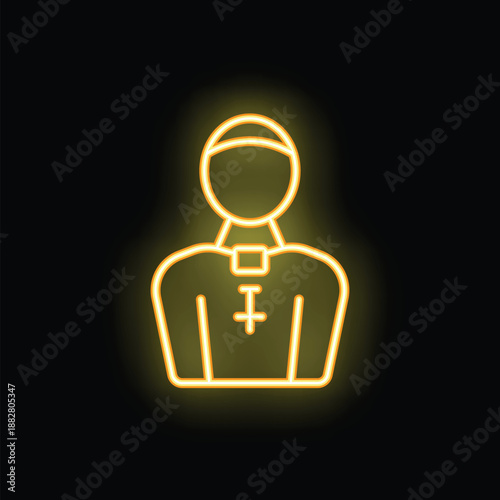 Bright yellow neon sign on a black background depicting a catholic priest wearing a cassock with a cross