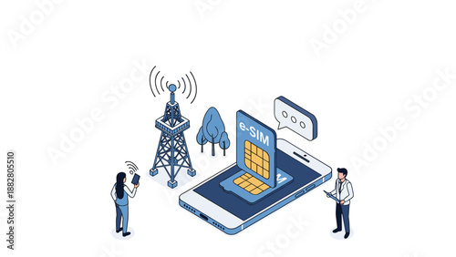 Digital esim technology is shown through a smartphone connecting to a signal tower for advanced mobile communication.