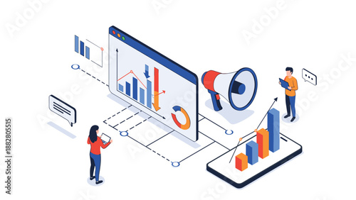 Marketing research team uses a megaphone and digital dashboards to analyze consumer data and business performance.