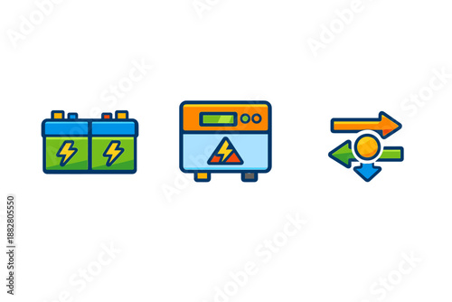 Electrical icons: battery, inverter, and directional arrows