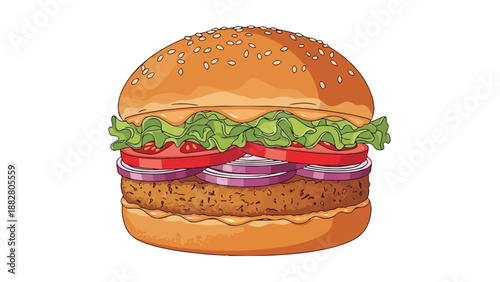 A delightful cartoon rendering of a classic burger featuring a golden sesame bun, crisp lettuce, ripe tomatoes, red onions, and a savory patty for