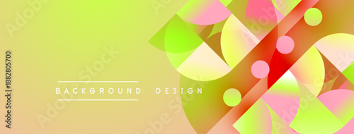 Abstract geometric shapes overlap, creating vibrant color gradients. Yellow background complements pink, red, green elements. Modern design.