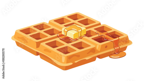 Delicious classic golden-brown breakfast waffle, adorned with melting butter and sweet maple syrup. A comforting morning treat, perfect for any