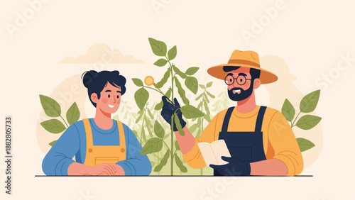 Farmers examine crops in field, one holding book and other picking bean