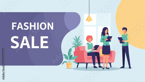 Fashion sale announcement with people discussing on a couch