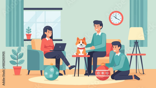 Family enjoying holiday preparations with their dog inside a cozy home