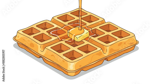 Golden waffle illustration with melting butter and sweet maple syrup cascade, perfect for a delightful breakfast, evoking warmth and deliciousness.