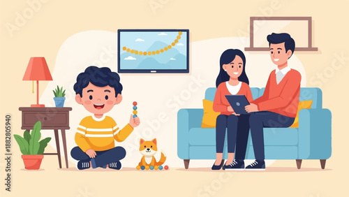 Family enjoying leisure time together at home, with child playing and parents on sofa