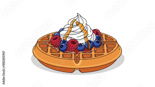 Golden waffle delight with fresh berries and whipped cream, a sweet breakfast treat or dessert graphic illustration