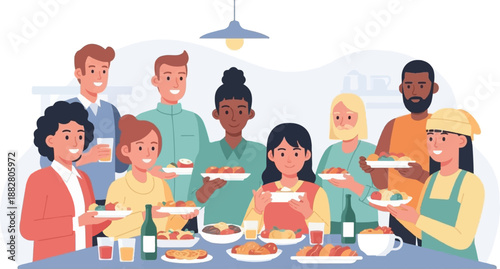 Diverse group of people gathered around a table, sharing a meal and drinks