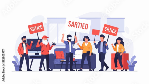 Diverse group of people holding signs in a protest inside a home