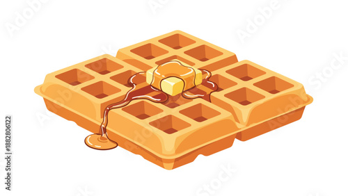 Golden brown waffle with melting butter and flowing syrup illustration, a delightful breakfast or brunch treat perfect for food blogs and menus