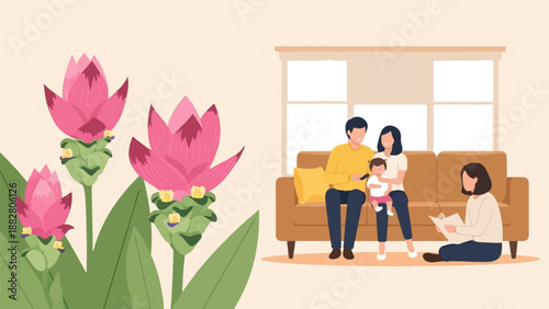 Family enjoying quality time together at home, with blooming pink flowers