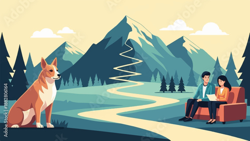 Dog and couple relax by mountains, scenic path winds upward