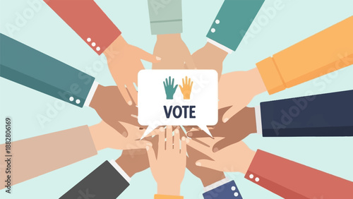 Diverse hands unite, forming a circle around a speech bubble with "VOTE.