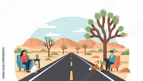Desert road with people and dogs relaxing near Joshua trees
