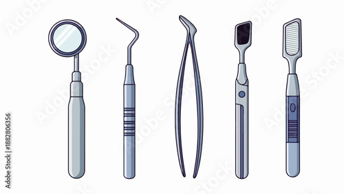 Five dental instruments, including a mirror, probe, tweezers, and two scrapers