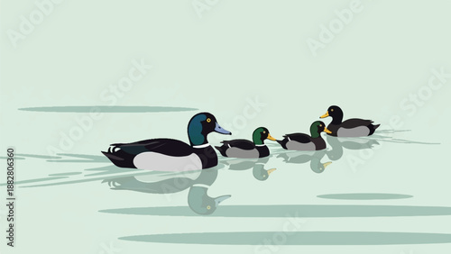 Five ducks swim in gentle ripples on a pale green water surface