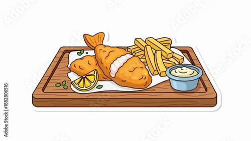 Crispy battered fish and golden fries served with lemon and dip