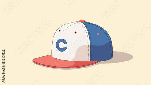 Flat brim baseball cap with blue letter C on front, white and blue panels