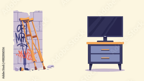 Crutches lean against graffiti wall; TV sits on blue dresser
