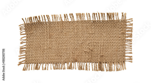 Burlap fabric label piece, Rustic hessian sack cloth edges textile, transparent background.