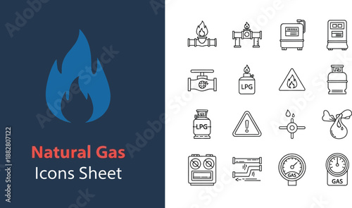 Black outline icon sheet of natural gas and LPG fuel concepts