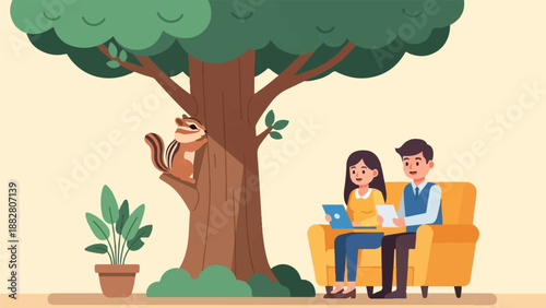 Couple on couch by tree with chipmunk and plant
