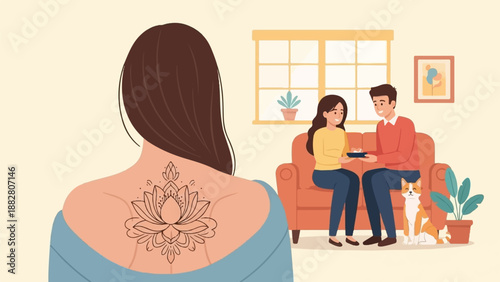 Couple on couch with dog and person with back tattoo of a lotus flower