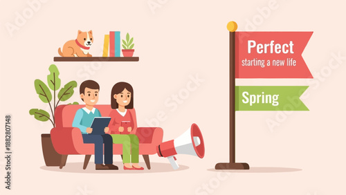 Couple on couch with dog, books, plant, megaphone, and flags