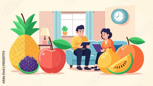 Couple on couch with fruits, indoors, using tablets