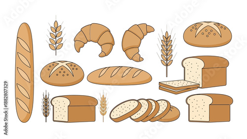 Assortment Of Delicious Bread Products With Baguette, Croissant, And Wheat Illustrations