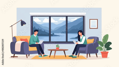 Couple relaxes in armchairs working on laptops with scenic mountain view